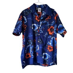 Kennington Blue Orange‎ Floral Hibiscus Aloha Hawaiian Shirt Size M